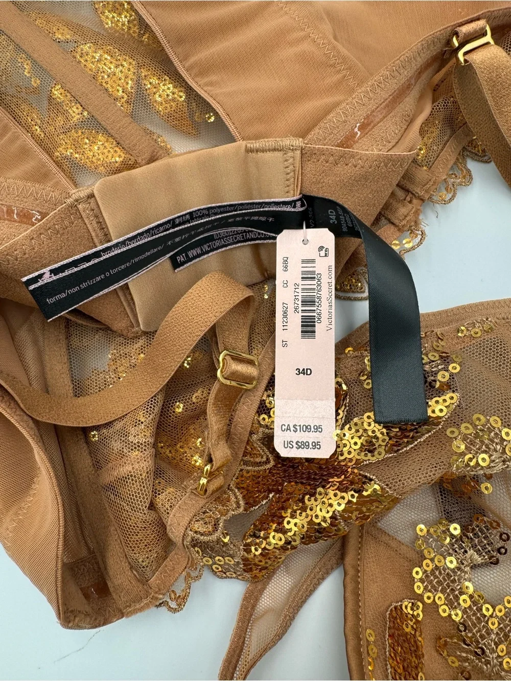 NWT Victoria’s Secret Very Sexy Gold Sequin Embroidered Lingerie Set 34D/M
